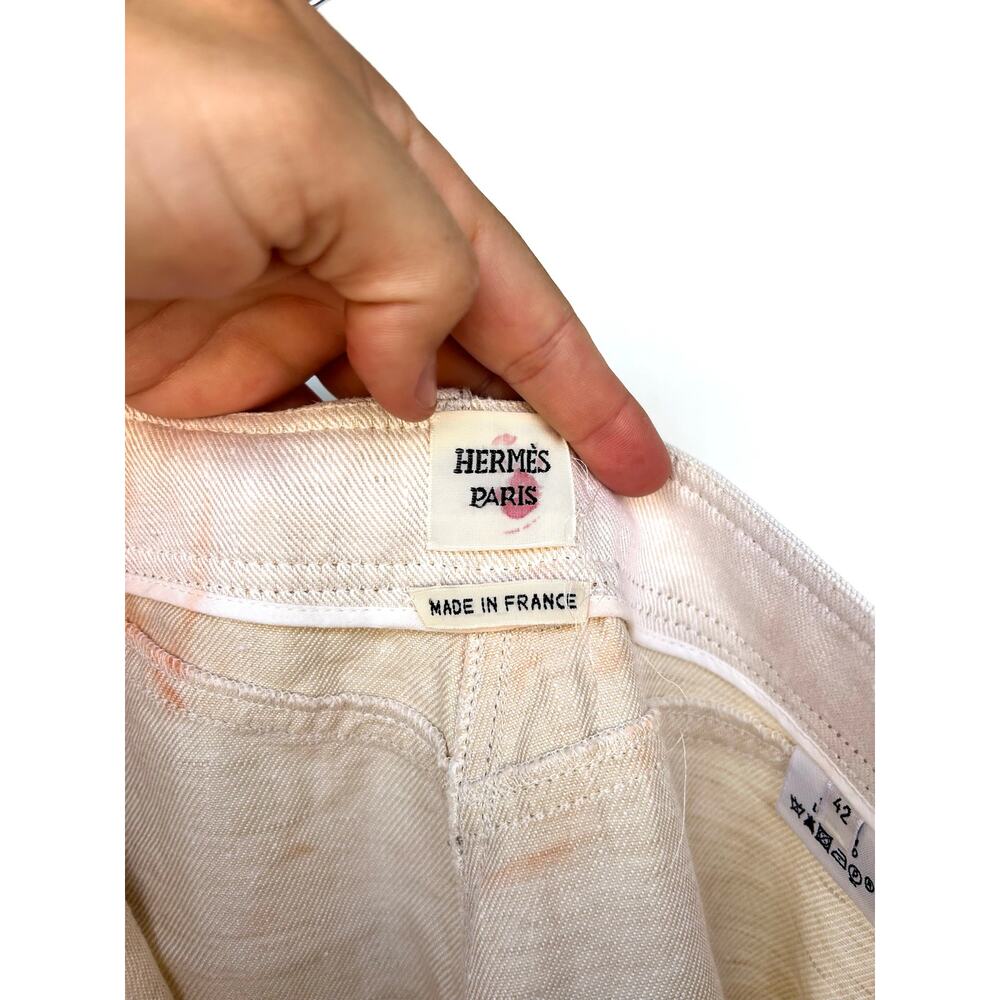 Vintage Hermes Ecru Cream Linen Wide Leg Cropped Jeans Pants 42 H Belt Loop - Picture 3 of 11